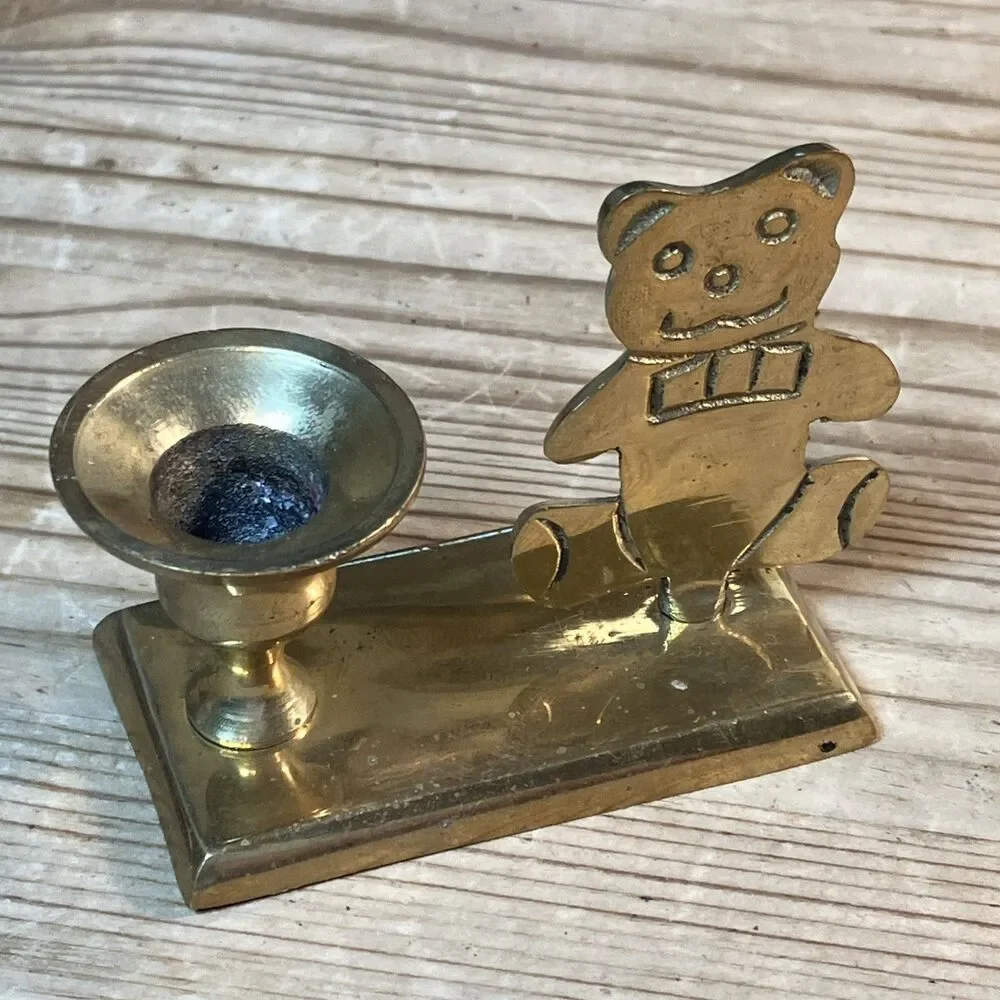 VTG HOSLEY SOLID BRASS TEDDY BEAR MINI CANDLEHOLDER .5” TAPER HANDCRAFTED INDIA